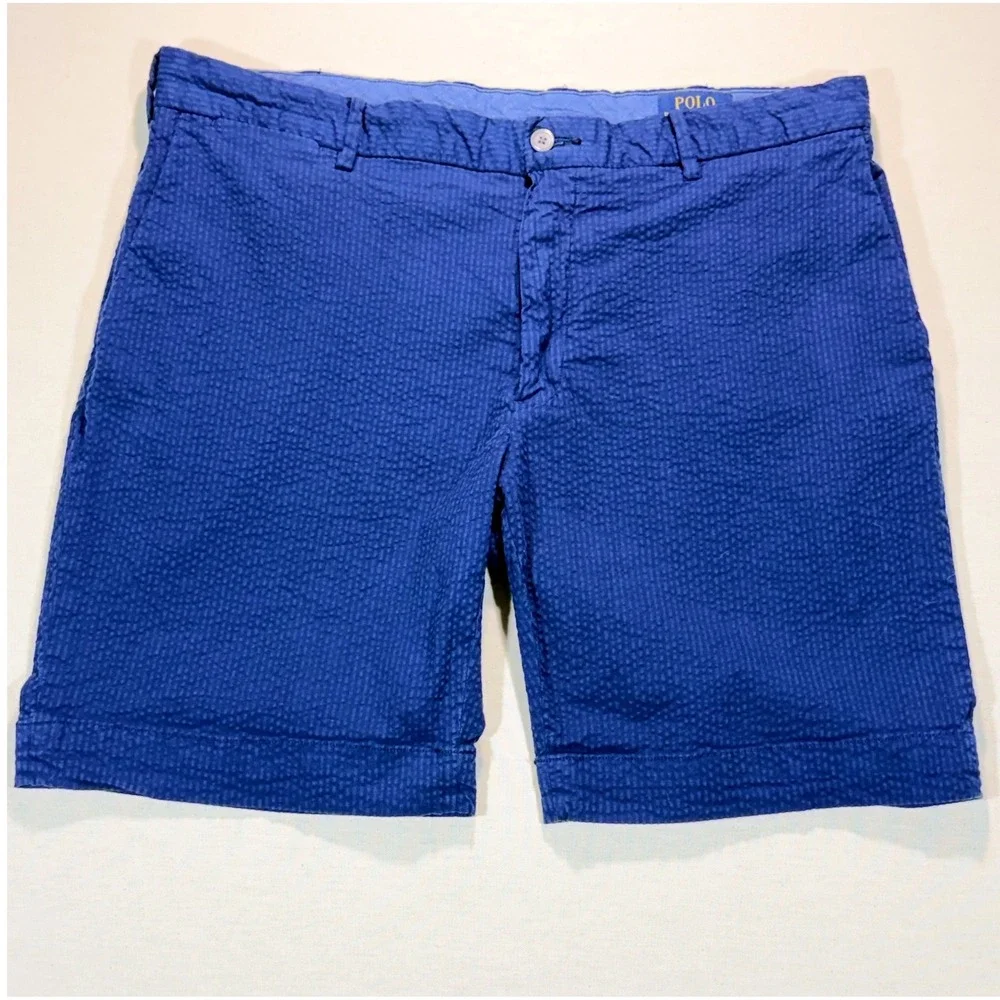 Polo Ralph Lauren Seersucker Shorts Men 36 Blue Stretch Straight Early 2010